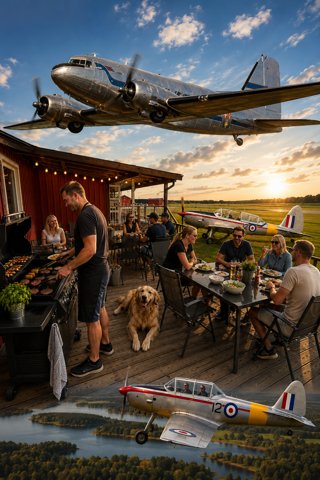 Grillkväll på Hässlö med DC-3 och Chipmunk i bakgrunden