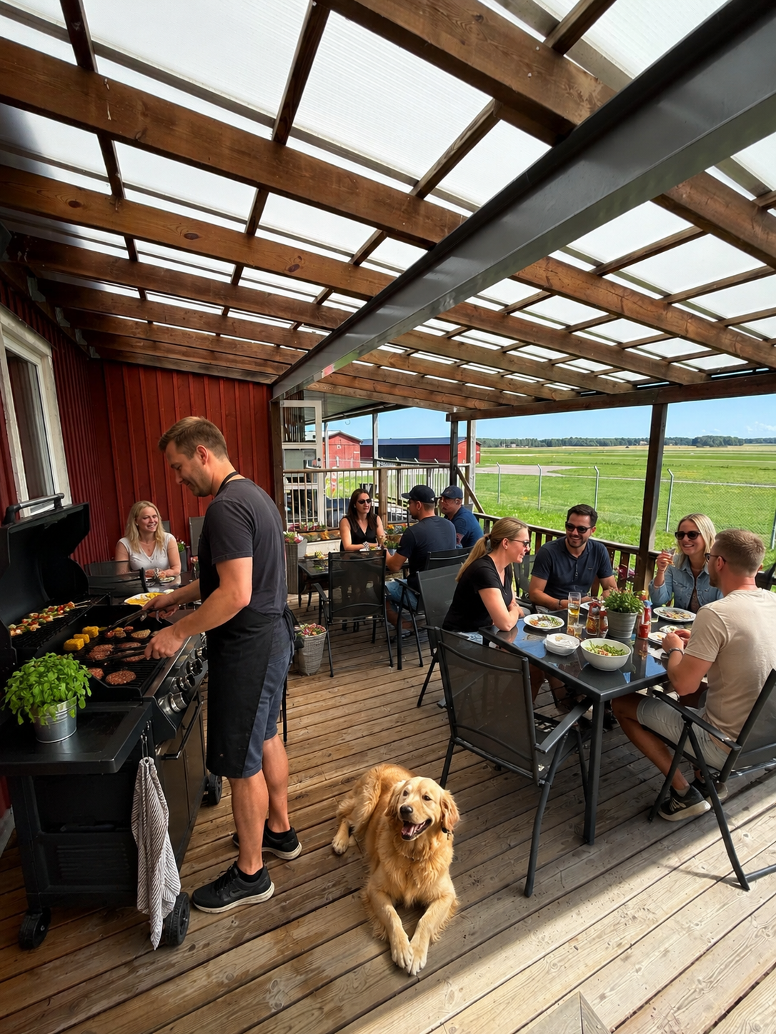 Människor som grillar och äter på altanen vid Flygcaféet med utsikt över rullbanan