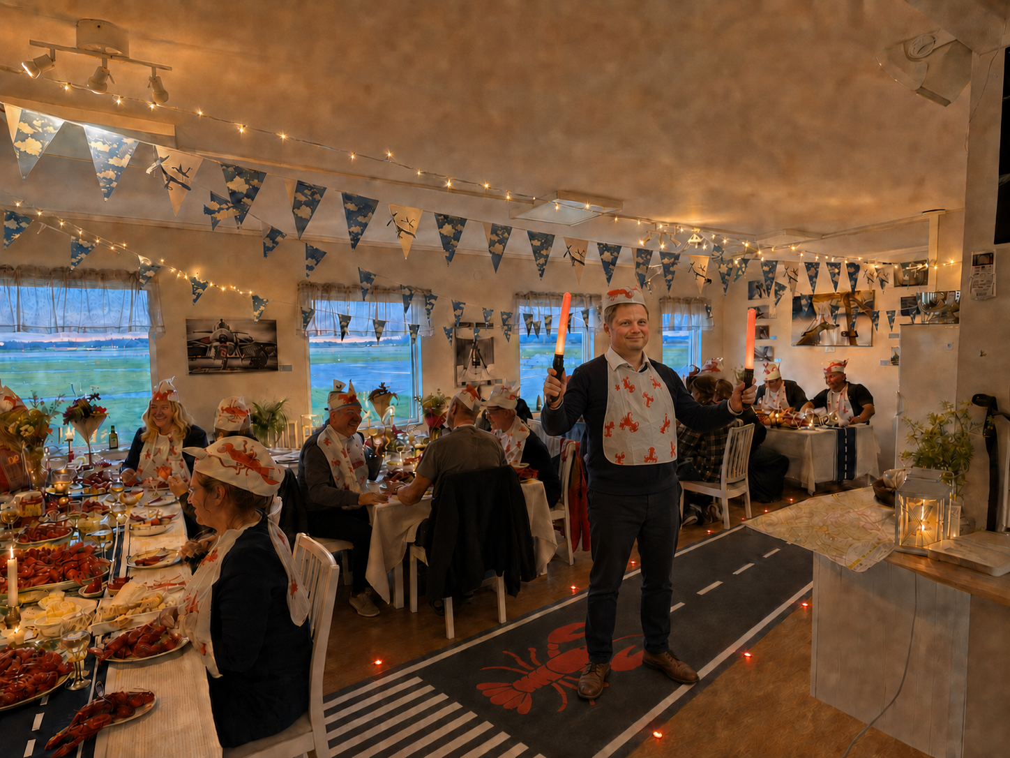 Kräftskiva i klubbens lokaler med dukade bord, kräftor och festdekorationer
